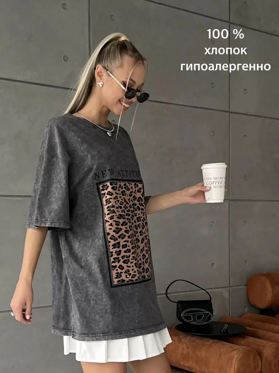 Damen Oversized Washed Cotton Top mit auffälligem Leopardenprint