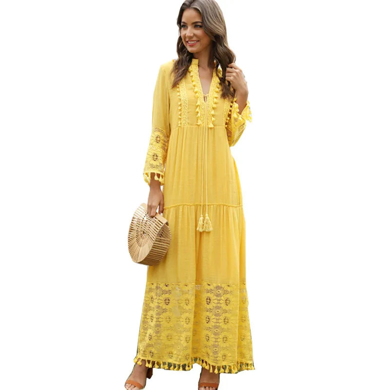 Böhmisches Quasten-Maxikleid mit V-Ausschnitt, großer Größe, Spitze, einfarbig, Mode, Boho, Urlaubskleid