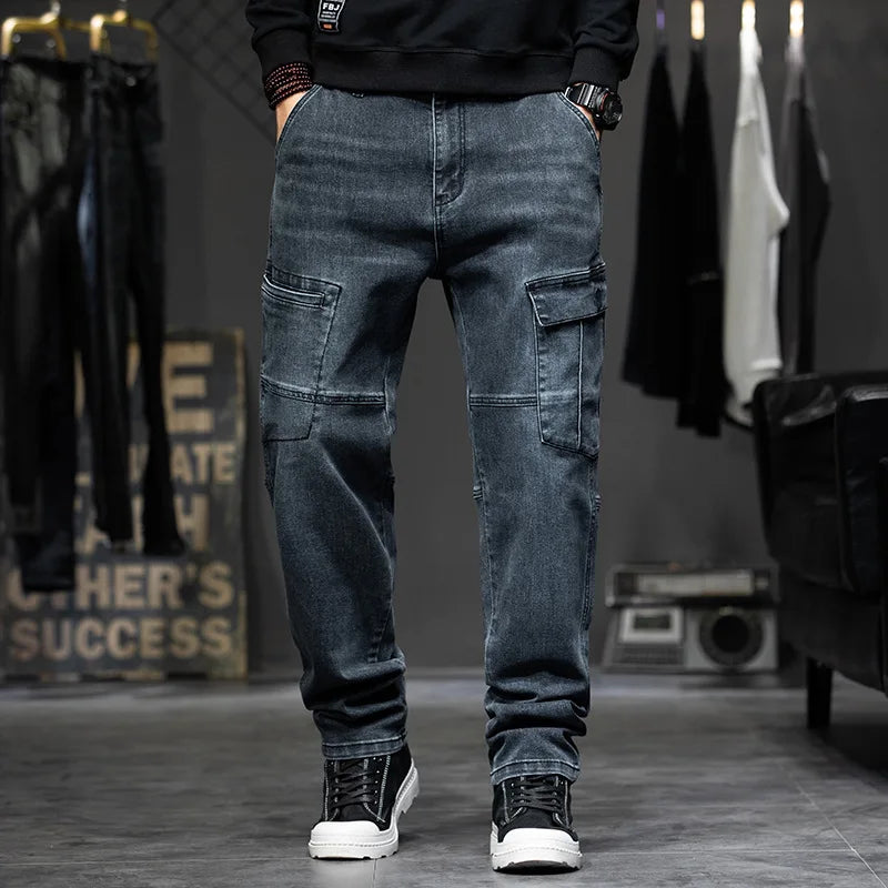 Herren Streetwear Baggy Cargo Jeans | Gerade Denimhose mit mehreren Taschen