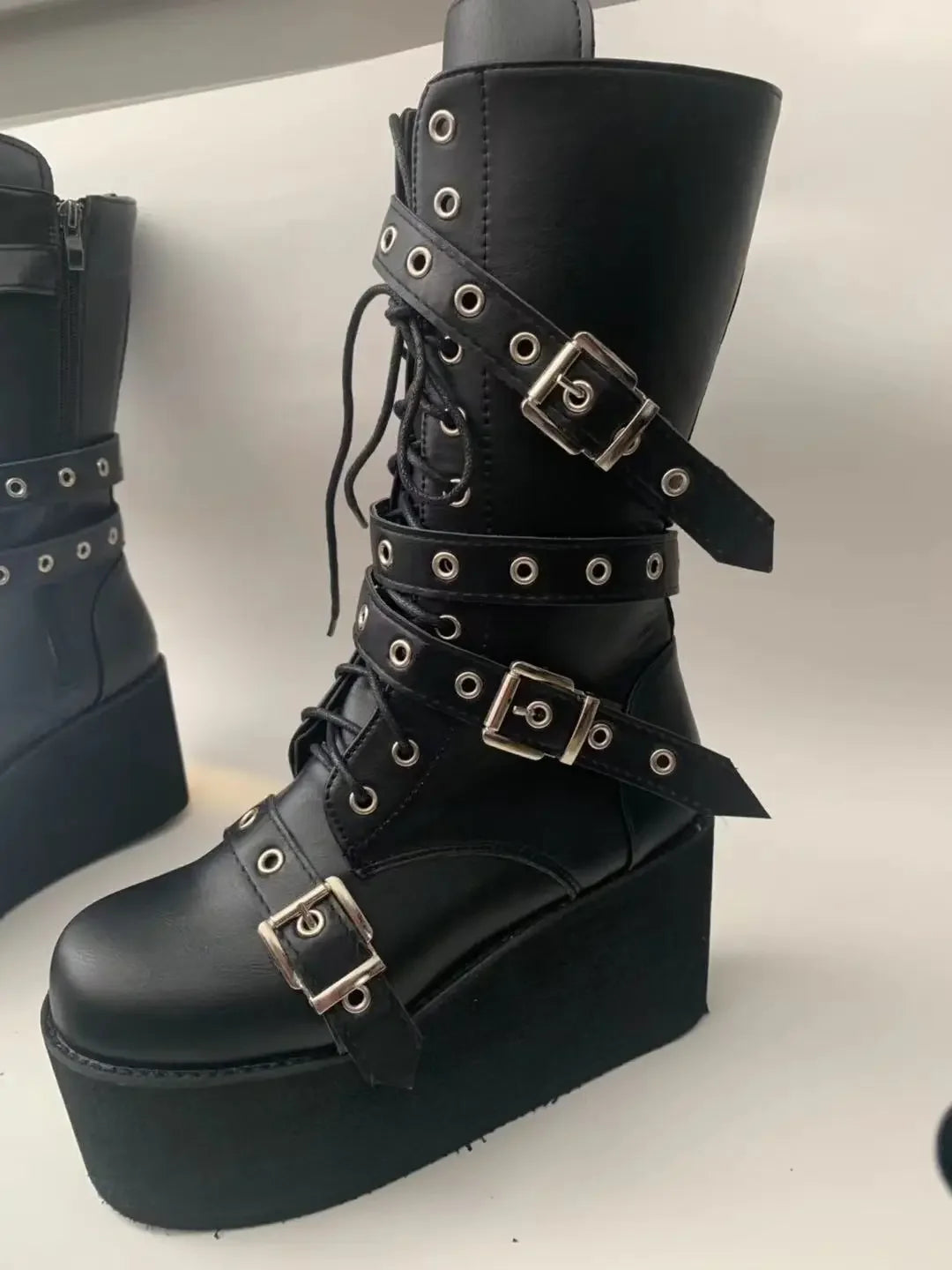 Women’s Punk Wedge Lace-Up Gothic Cross-Tied Platform Mid-Boots