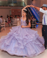 Purple Lace Embroidery Fairy Prom Dress | Glitter Fluffy Ruffle Gown