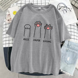 Schere-Stein-Papier Lustiges Katze Grafik-T-Shirt Weiches Casual Streetwear T-Shirt für Damen