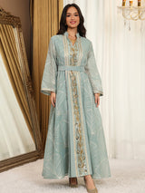 Women’s Mesh Sequin Abaya Dress | Elegant Embroidered Eid Party Gown