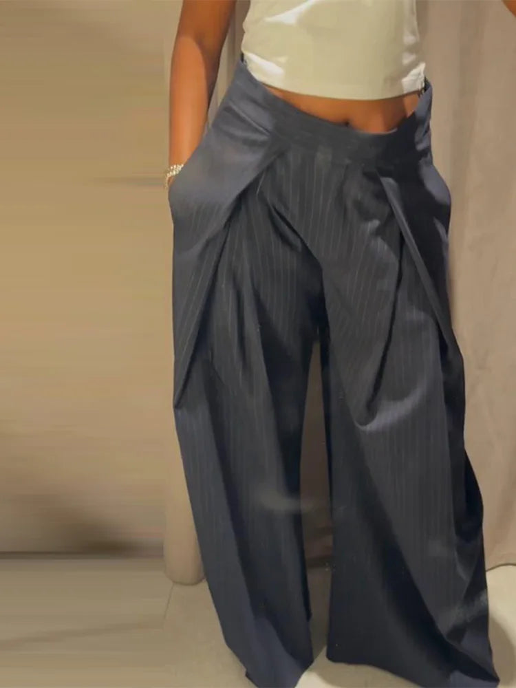 Damen lässige gestreifte weite Hose – High Waist plissierte gerade Hose