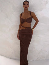 Sexy zweiteilige Urlaubskombination für Damen – plissiertes Crop-Cami-Top & geraffter Maxirock mit hoher Taille
