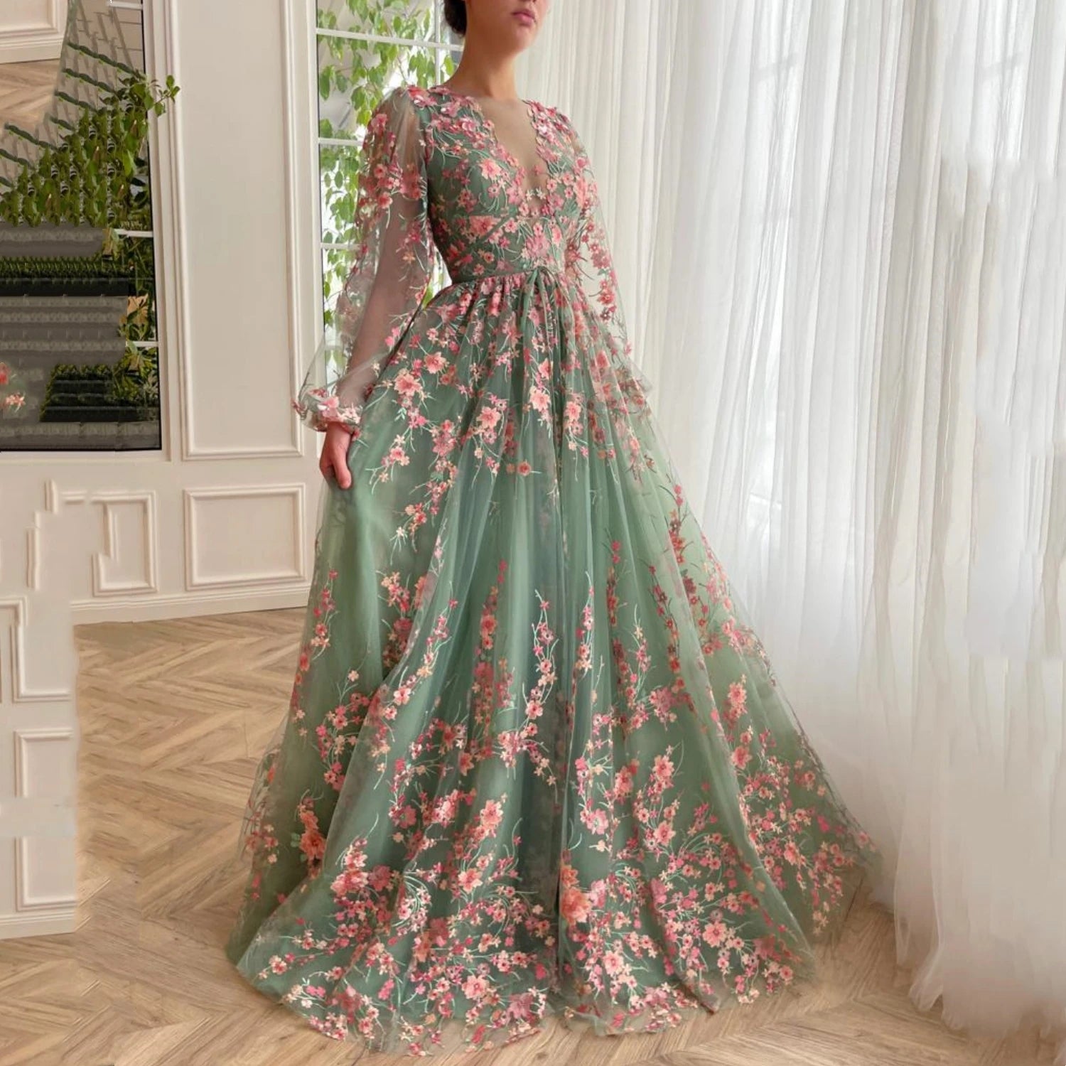 Candy Green Floral A-Line Wedding Gown | Plus Size Luxury Ball Gown