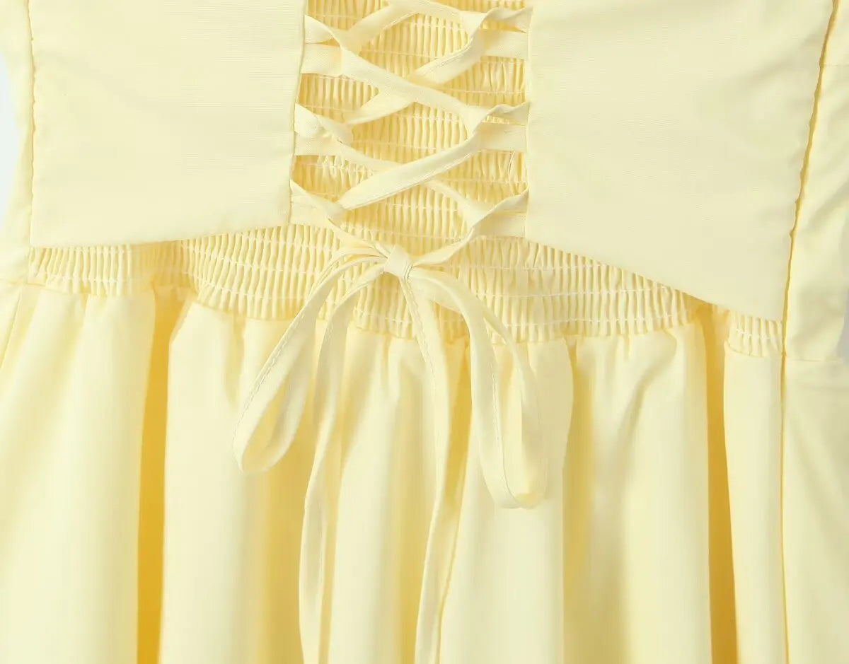 Sexy Elegantes Damen-Minikleid mit Fischgrat-Taillierung – Gelbes Schnür-Rücken Fit-and-Flare