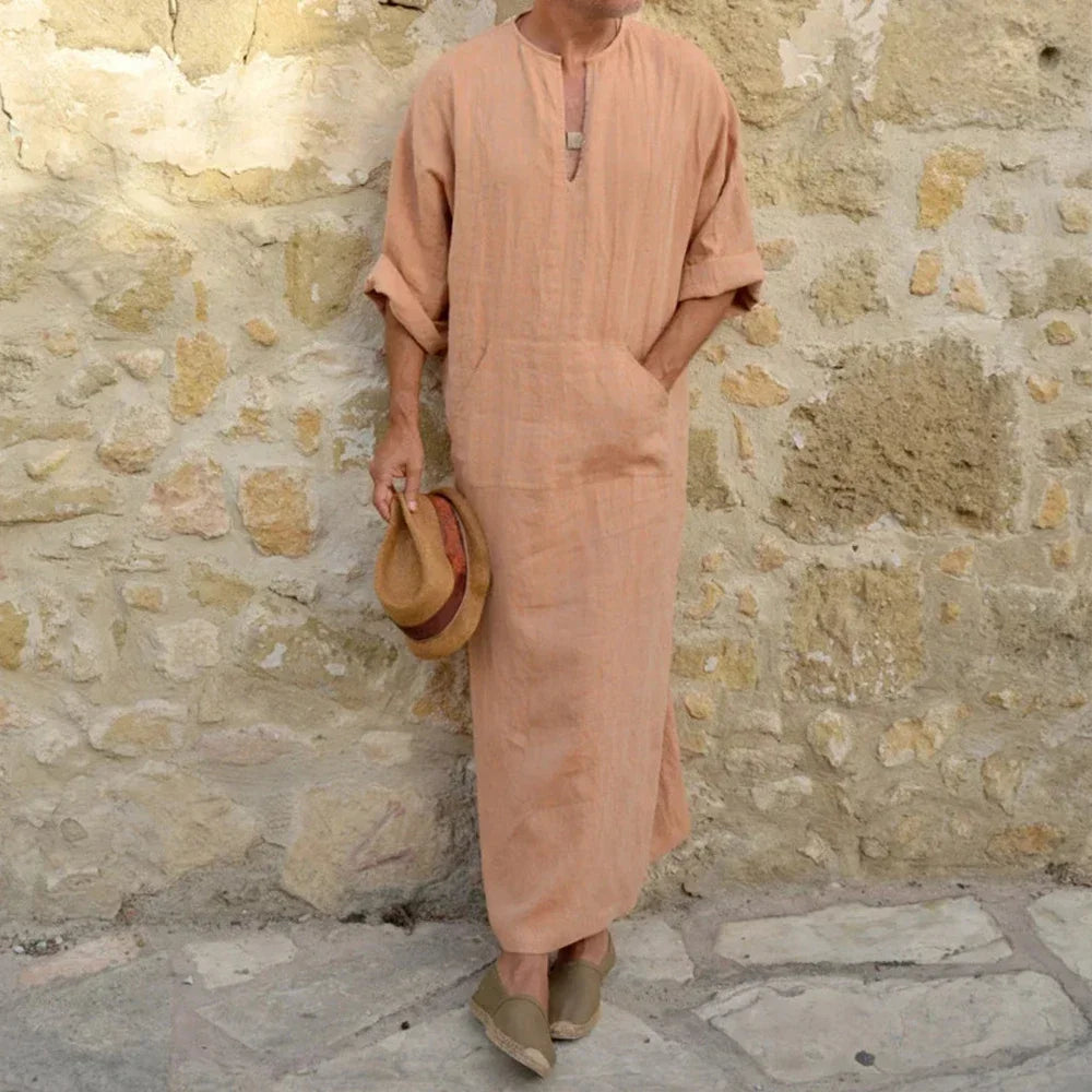 Men’s Long Cotton Linen Jubba Thobe – V-Neck Muslim Arab Islamic Kaftan