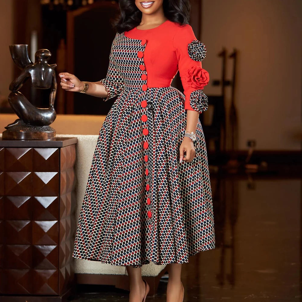 Elegantes Damen-A-Linien-Kleid mit 3D-Blumen – Herbstmode, afrikanisches Abendkleid mit Karomuster