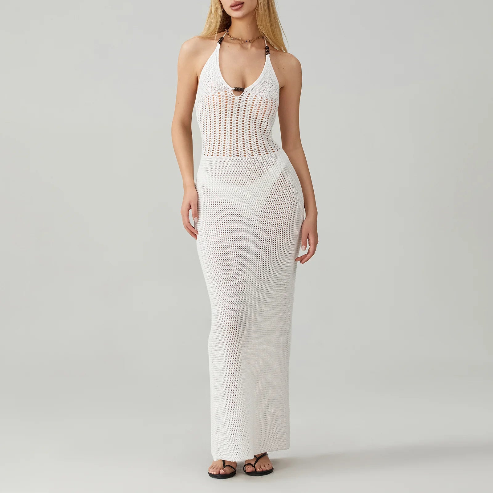 Damen Rückenfreies Neckholder-Häkelkleid – Sexy gestricktes Cutout Mini- & langes Bodycon-Kleid