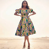 Afrikanisches Ankara-Print Midikleid für Damen | Kurzärmliges Kleid mit hoher Taille