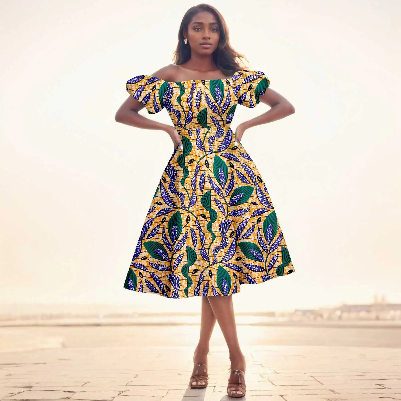 Afrikanisches Ankara-Print Midikleid für Damen | Kurzärmliges Kleid mit hoher Taille