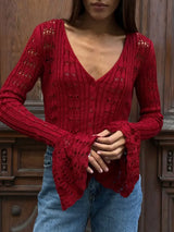 Knitwear Hollow Out Women’s V-Neck Long Sleeve See-Through Cropped Top