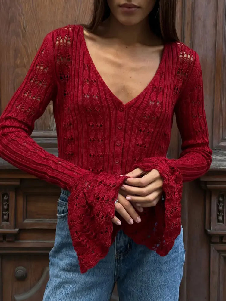 Knitwear Hollow Out Women’s V-Neck Long Sleeve See-Through Cropped Top