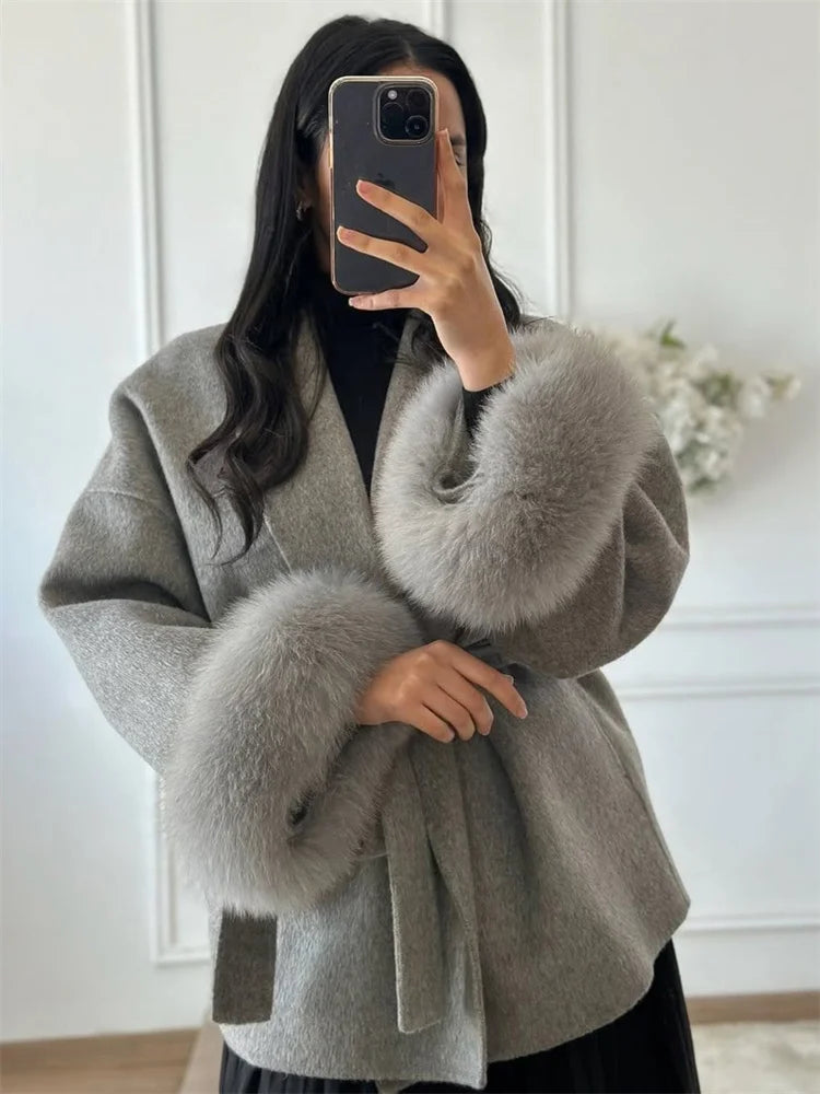 Luxuriöser Fuchsfell-Woll-Wintermantel für Damen – Eleganter doppelseitiger Wollmantel für Frauen,