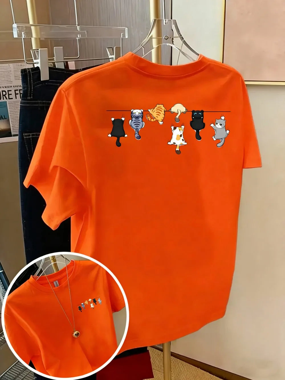 Women's Oversized Cotton Cartoon Cat Print T-Shirt