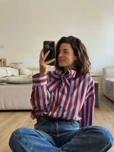 Damen Gestreifte Bluse mit Knopfleiste und Schleife – Langarm Locker Geschnitten