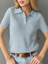Hollow Lapel Neck Knit Top for Women – Short Sleeve Casual Loose Fit Tee