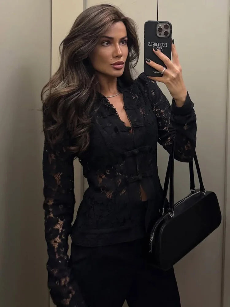Elegant Printed Lace Hollow Out Commute Top– Women’s Vintage See-Through Summer Shirt