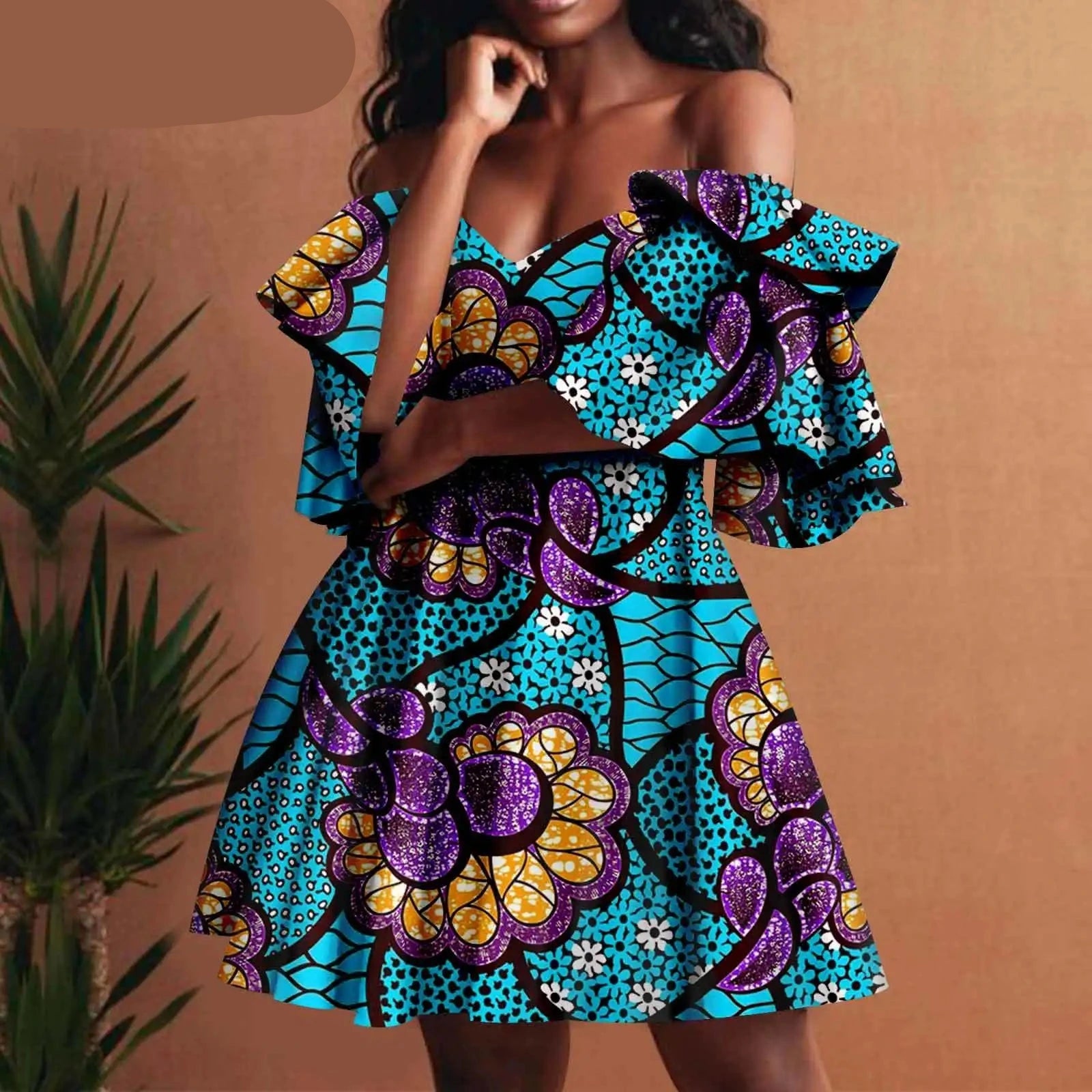 African Off-Shoulder Mini Dress High-Waist Ankara Party Dress For Women