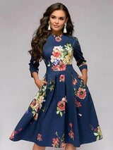 Damen Vintage Plissiertes Tunika-Kleid mit Print – Elegantes A-Linien-Partykleid