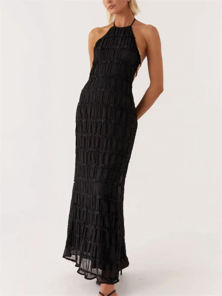 Damen-Maxikleid mit Schnürung am Rücken, rückenfrei, für den Urlaub, Strand, hohe Taille, einfarbig, elegant