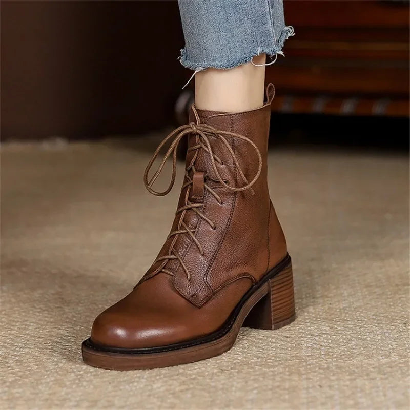 Damen Stiefeletten aus echtem Leder mit dickem Plateau-Absatz – Retro-Schnürstiefel mit runder Kappe