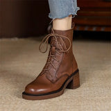 Damen Stiefeletten aus echtem Leder mit dickem Plateau-Absatz – Retro-Schnürstiefel mit runder Kappe