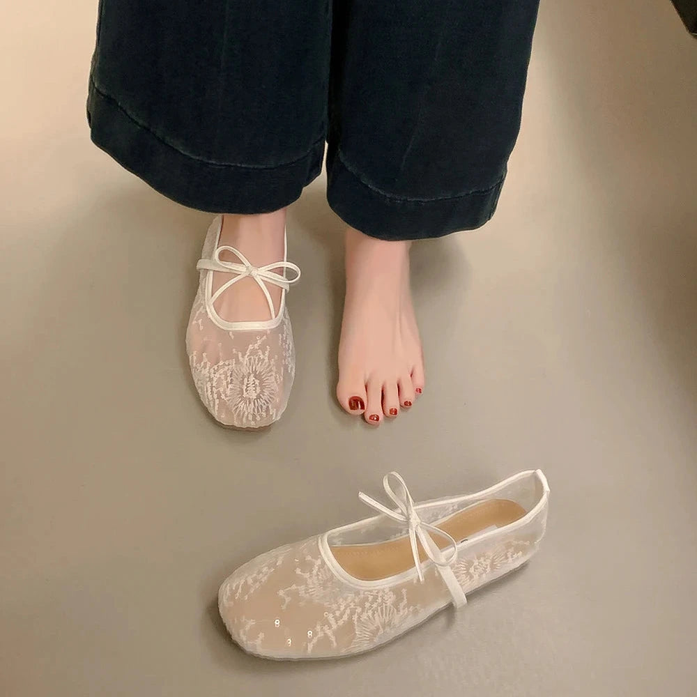 Damen Mary Jane Ballerinas – Atmungsaktive Schmetterlingsknoten Fashion-Schuhe