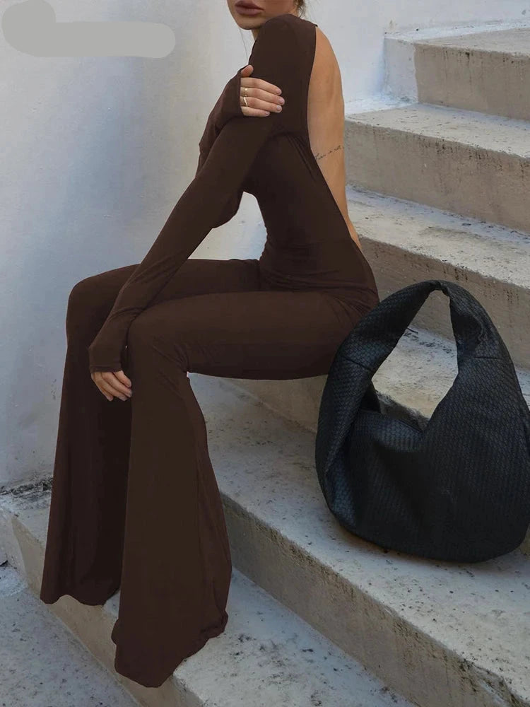 Sexy rückenfreier Overall mit weitem Bein – Einfarbiger Langarm O-Ausschnitt Bodycon Playsuit