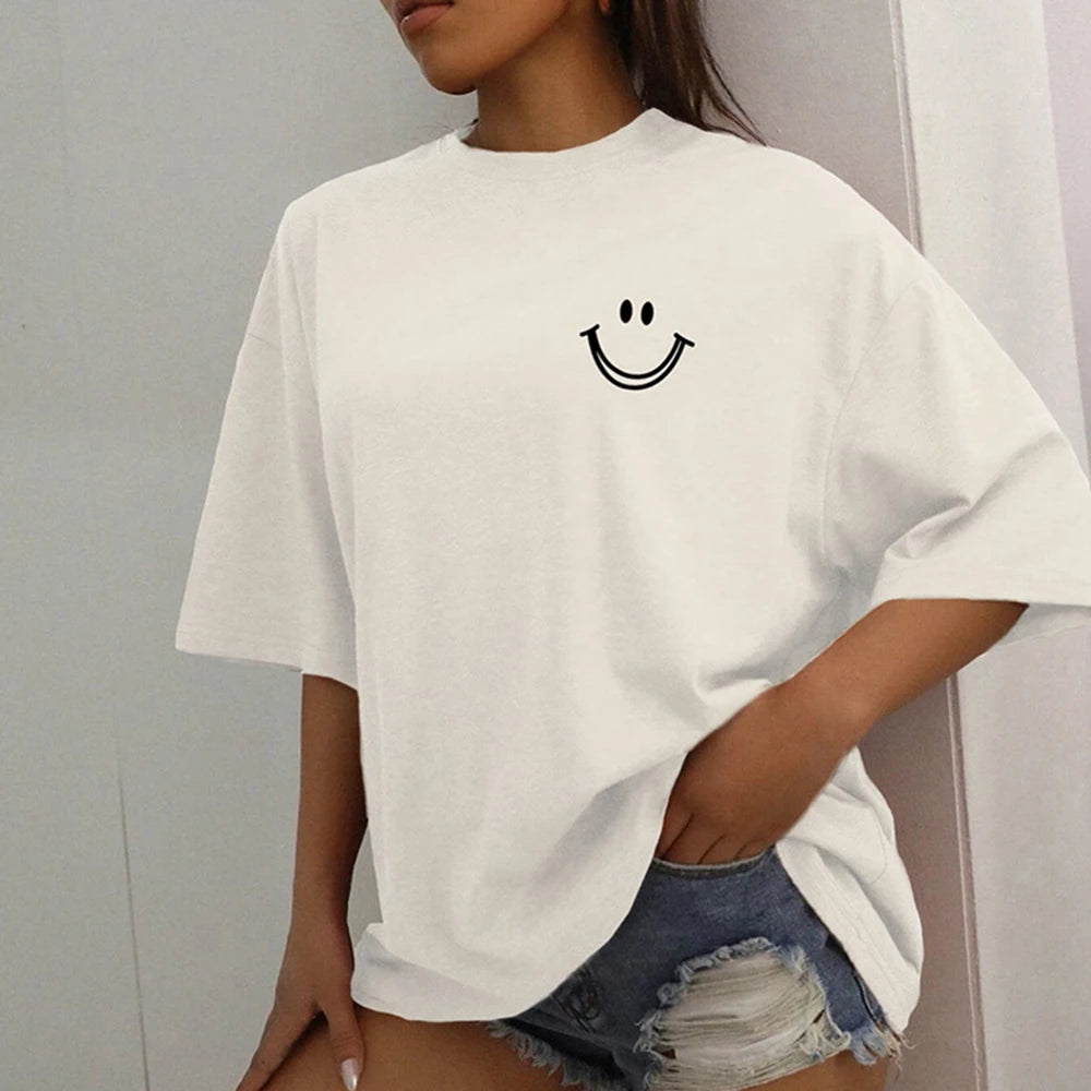 Damen Oversized Baumwoll Streetwear Top mit auffälligem Smile-Motiv