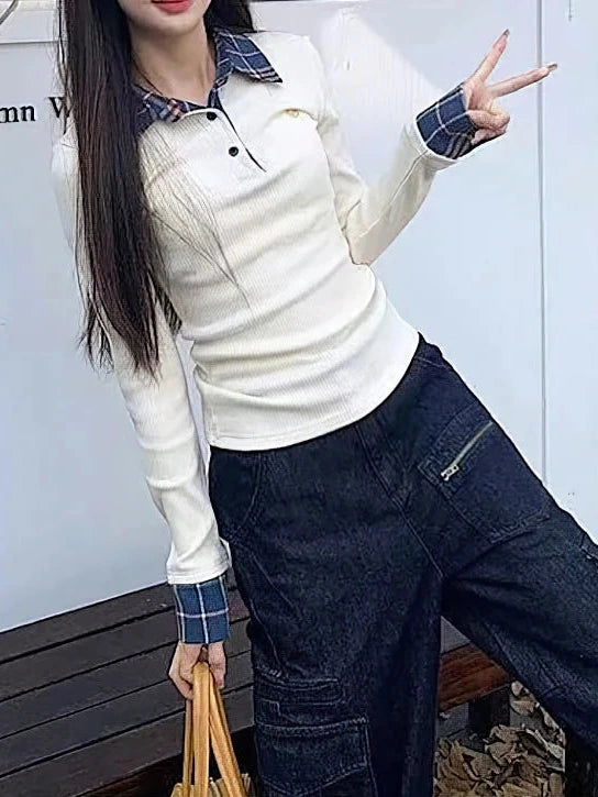 Women’s Preppy Plaid Knit Top – False Two-Piece Polo Neck T-Shirt
