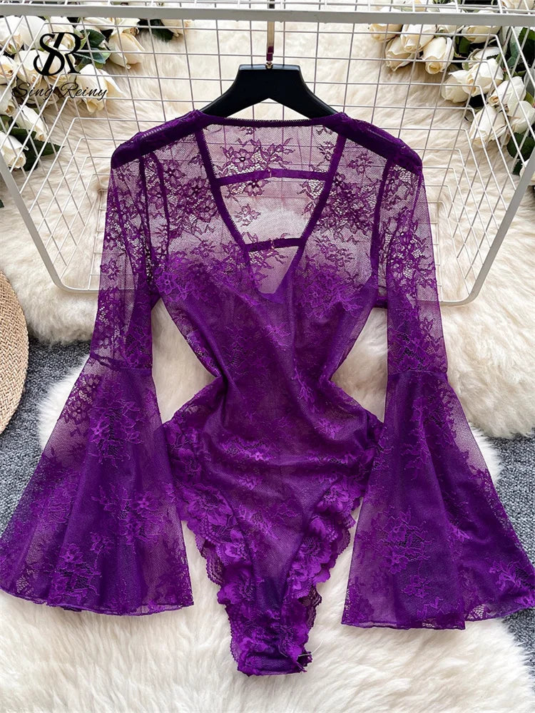 Sexy Deep V-Neck Lace Playsuit Long Flare Sleeve Hollow Out Open Crotch Bodysuit Romper