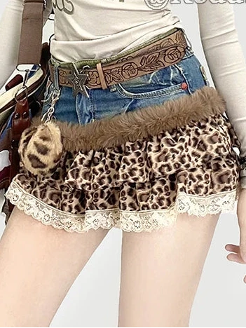 Harajuku Leopard Print Cake Skirt for Women | Y2K Low-Rise Ruffle Mini Skirt with Plush Keychain