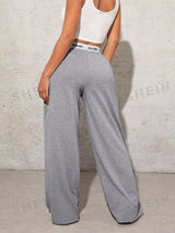 Women's Wide Leg Casual Loose Fit Webbing Detail Love Heart Printed Trousers