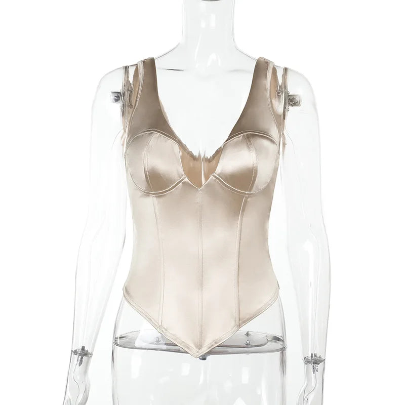 Damen Y2K Sexy Satin-Korsett-Crop-Top – Sommerliche elegante V-Ausschnitt-Tanktop
