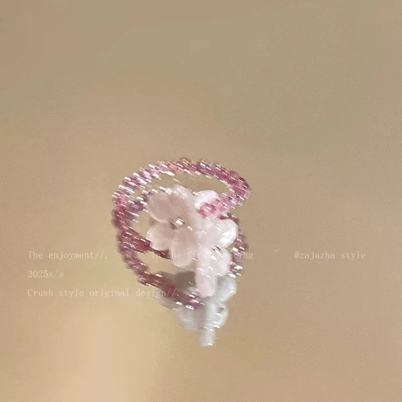 Romantischer violetter Blumen-Perlenring für Damen – elastischer Fingerring für Frühling und Sommer