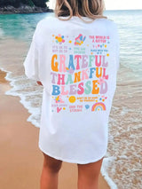Damen Baumwoll-T-Shirt "Grateful Thankful Blessed" – Grafik-T-Shirt mit positiver Botschaft