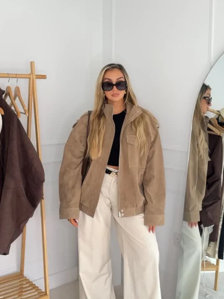 The Urban Suede Edit: Stehkragen Minimalistische Jacke – Schicke kurze Wildleder-Oberbekleidung