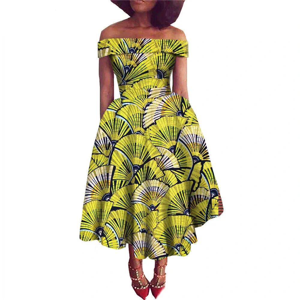 Afrikanisches Ankara-Print Carmen-Kleid | Traditionelle trägerlose afrikanische Kleidung
