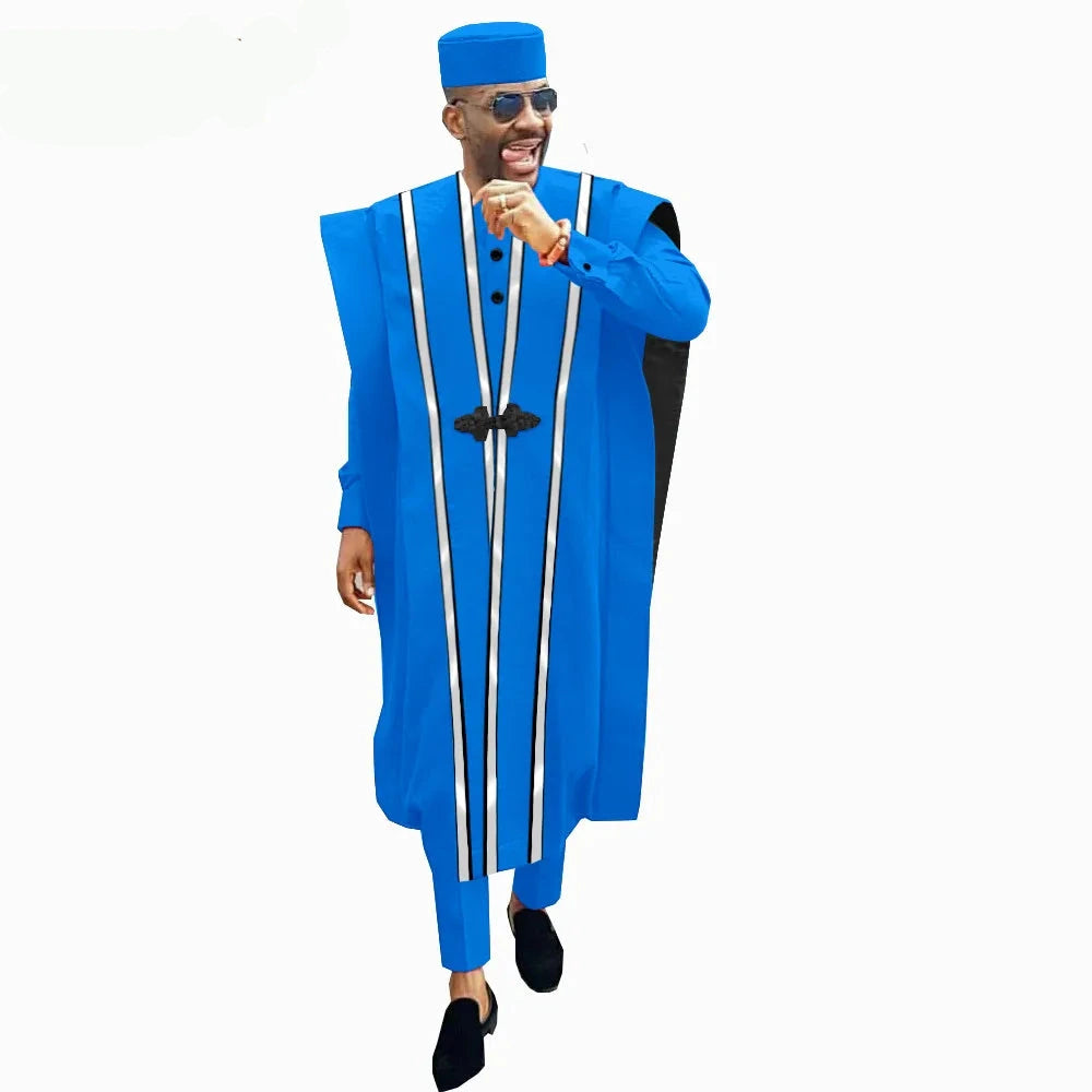 Men’s 4-Piece African Agbada Set | Grand Robe, Dashiki Shirt, Ankara Pants & Tribal Hat