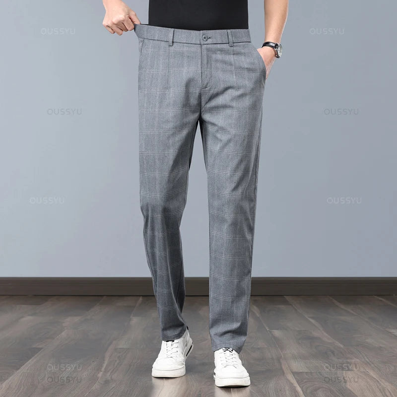 Klassische Herren-Arbeitshose mit Karomuster – Slim Fit Stretch-Businesshose