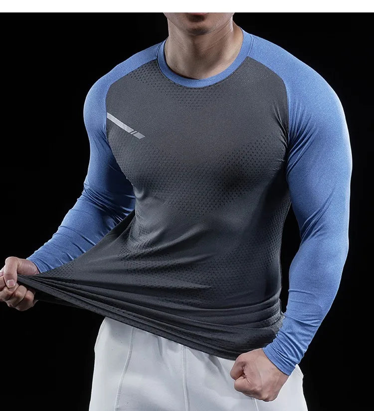 Men’s Gym Fitness Display Long Sleeve T-Shirt | Elastic Moisture Wicking Tights