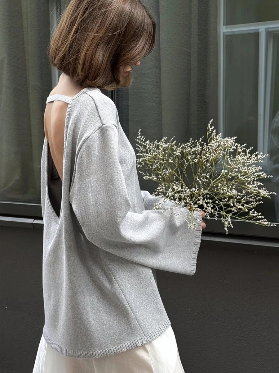 Damen rückenfreier, locker gestrickter Pullover – Lässiger, eleganter Langarm-Patchwork-Pullover