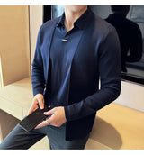 Men’s Autumn Fake 2-Piece Knitted Cardigan – Traceless Shirt Collar Spliced Pullover