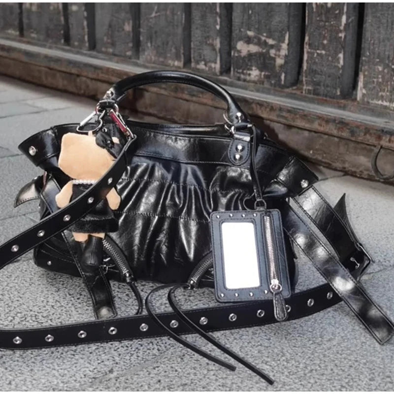 The Noir-Rebel Silhouette Retro Pleated Motorcycle Bag