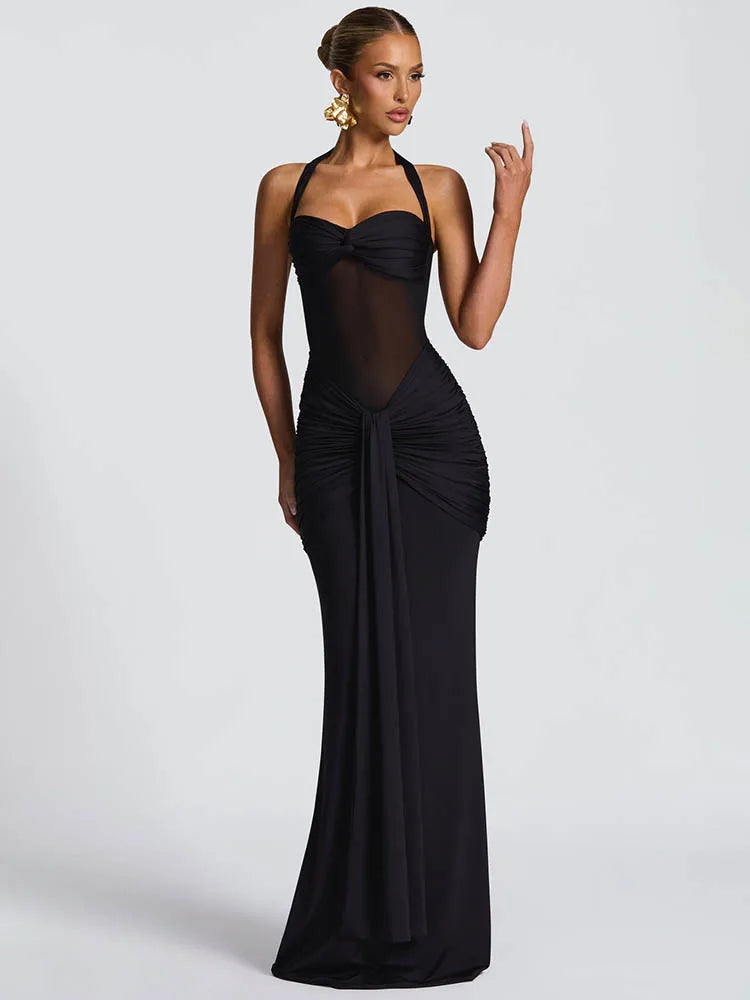 Sexy Halter Backless Maxi Dress – Women’s Patchwork Off-Shoulder Bodycon