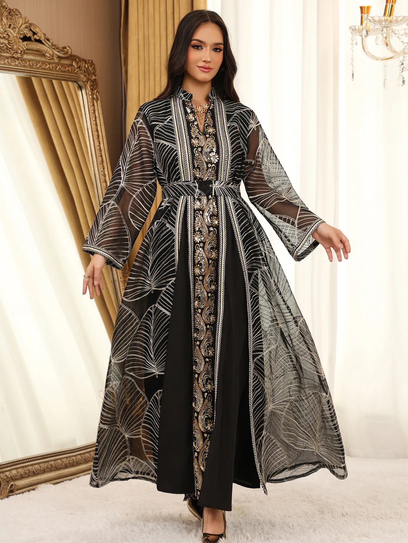 Women’s Mesh Sequin Abaya Dress | Elegant Embroidered Eid Party Gown