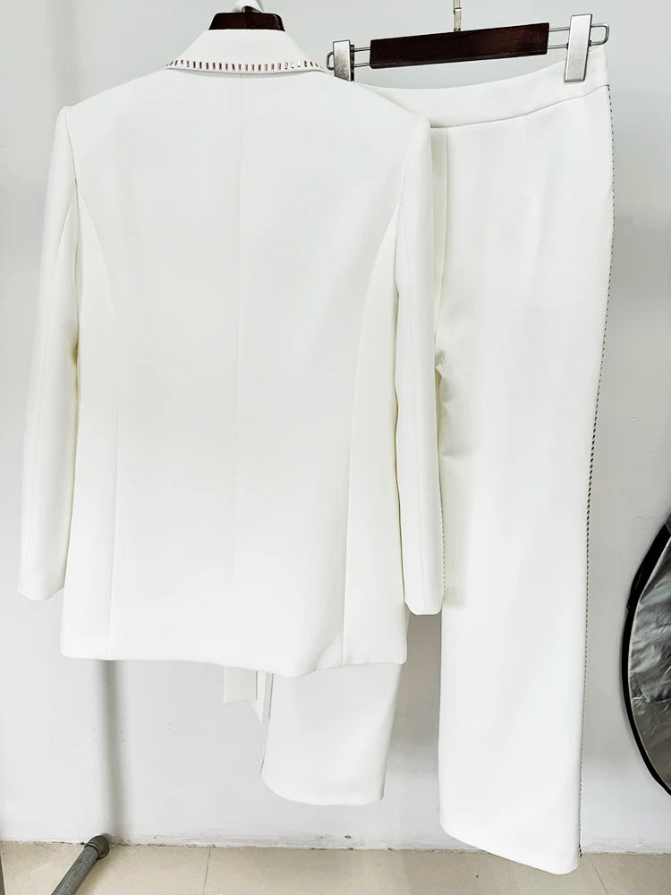 Damen Blazer mit Gürtel und einem Knopf & maßgeschneiderte Hose Perlenanzug-Set