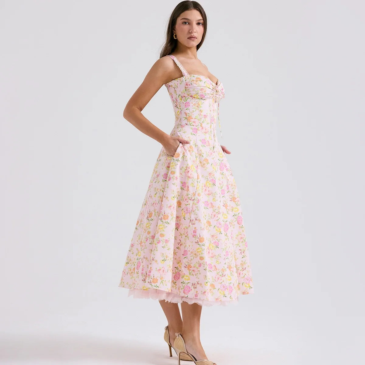 Women's Elegant Pink Floral Print Corset Dress